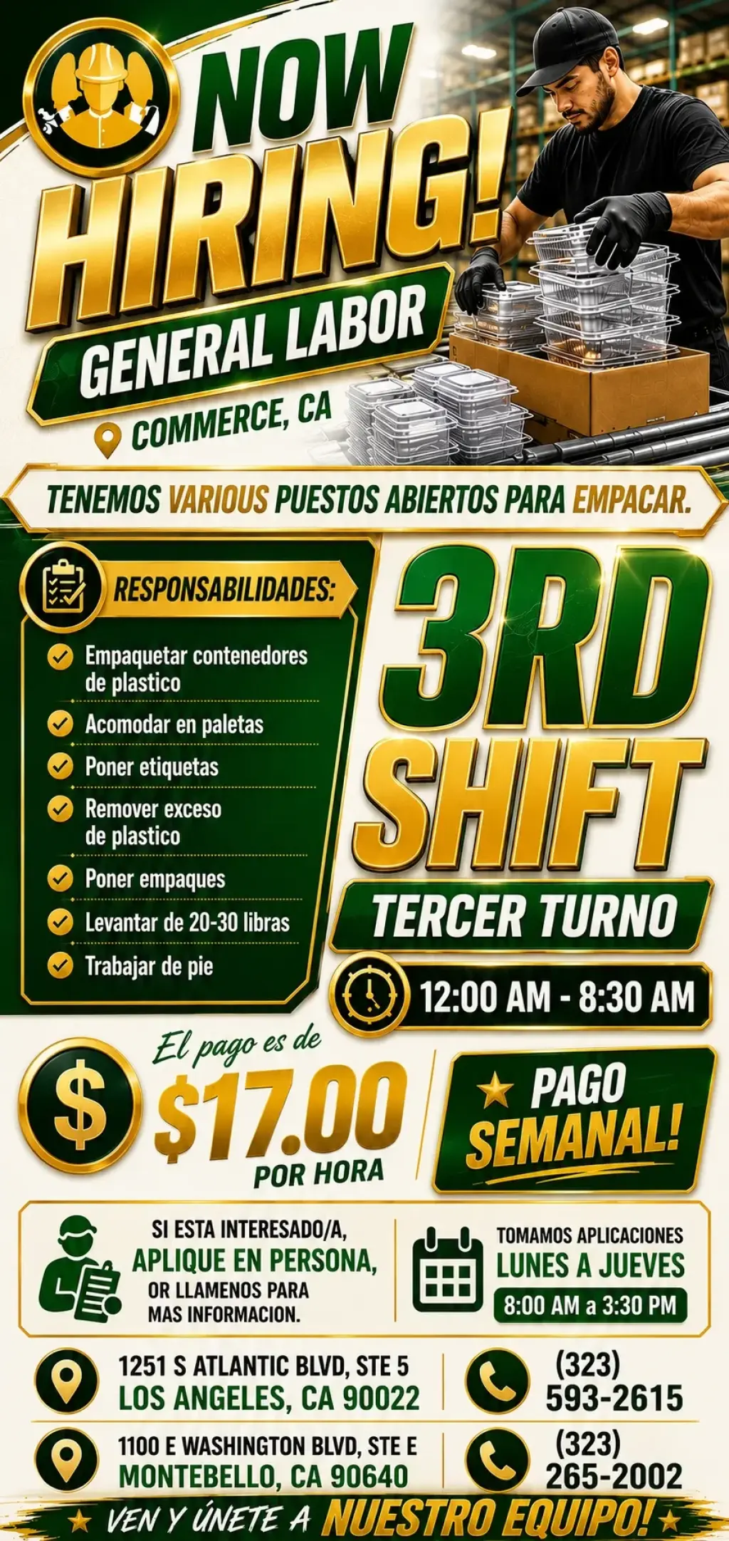 Labor General en Commerce, CA. 3rd Shift. 12AM