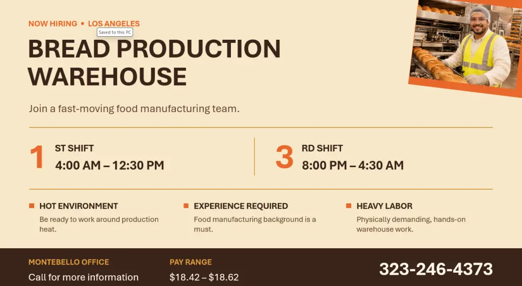 1st & 3rd Shift Bread Production Warehouse | Los Angeles