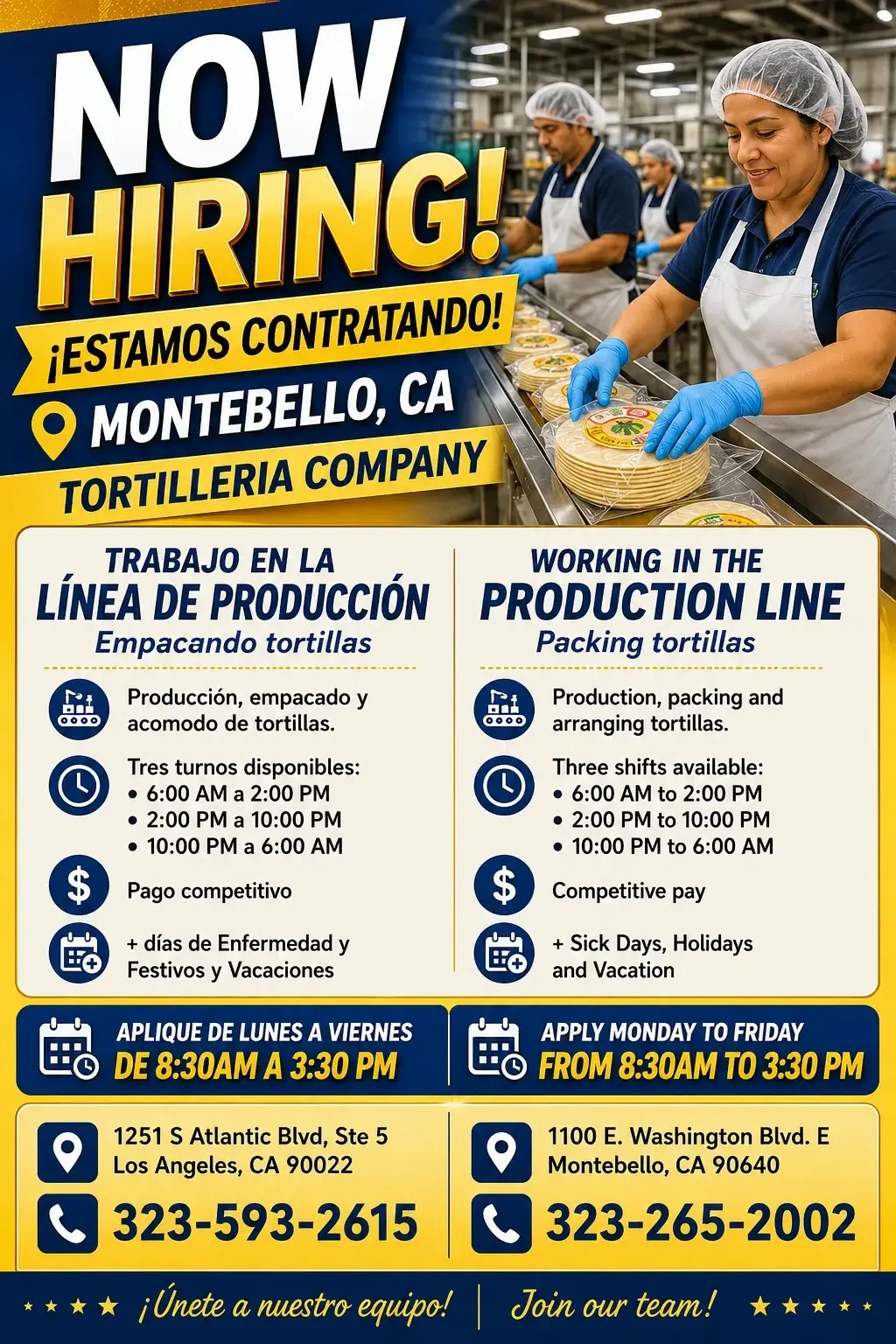 Oportunidad de Empleo en Compañía de Tortillas en Montebello, CA