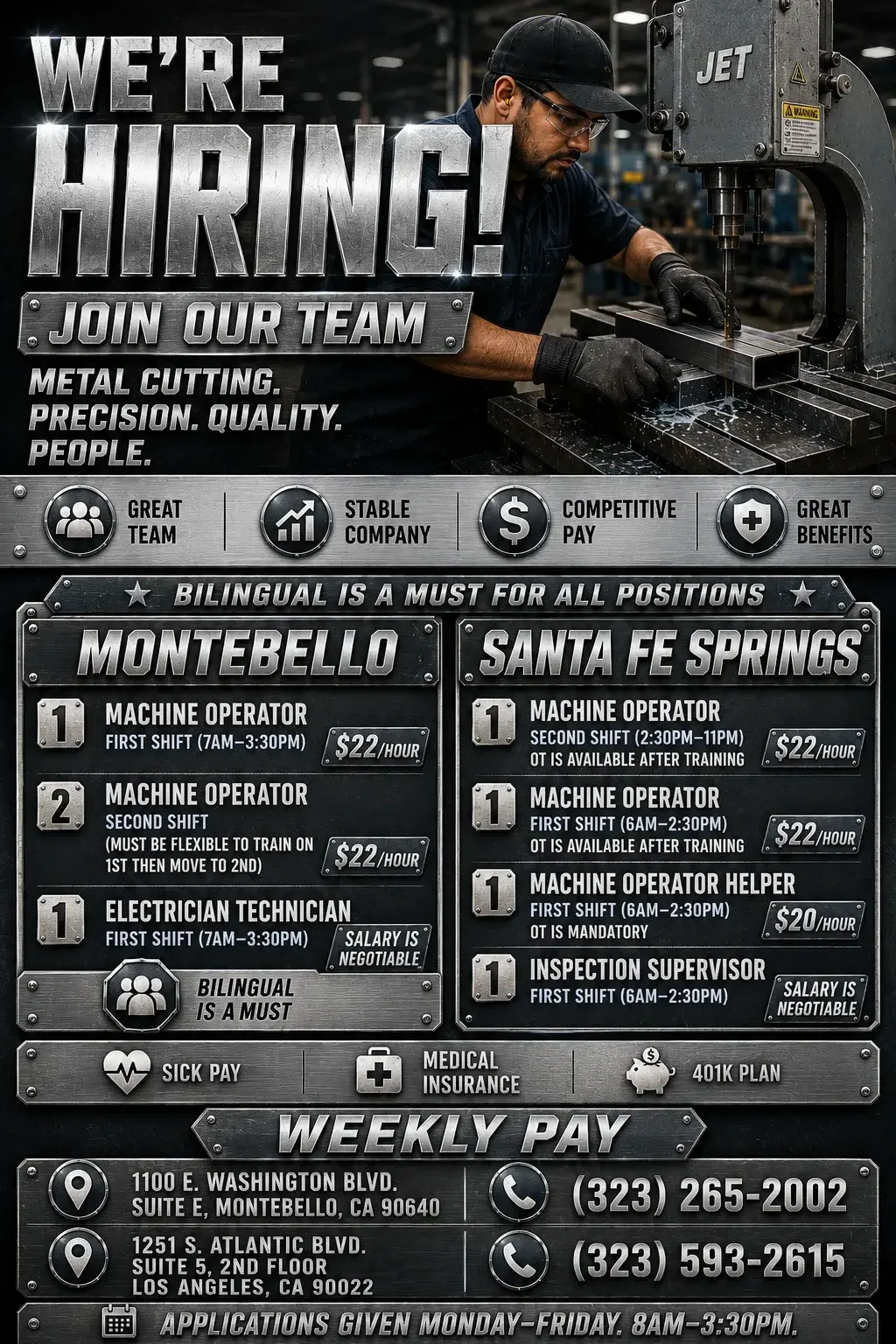 Precision Metal Grinding Machine Operators - Montebello & Santa Fe Springs, CA.
