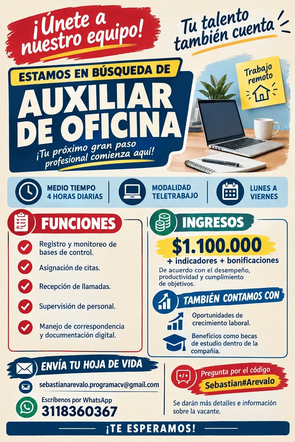 Se busca auxiliar de oficina, sin experiencia crecimiento laboral: