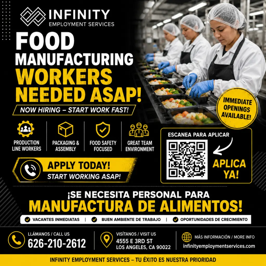 FOOD MANUFACTURING JOBS / TRABAJOS EN MANUFACTURA DE ALIMENTOS