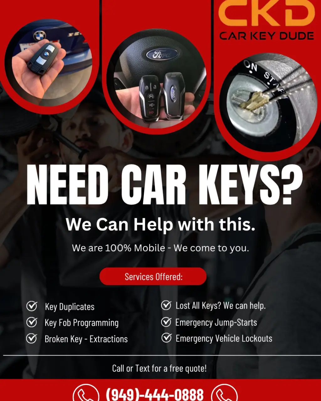 Need Car Keys? We 100% Mobile, and we come to you.