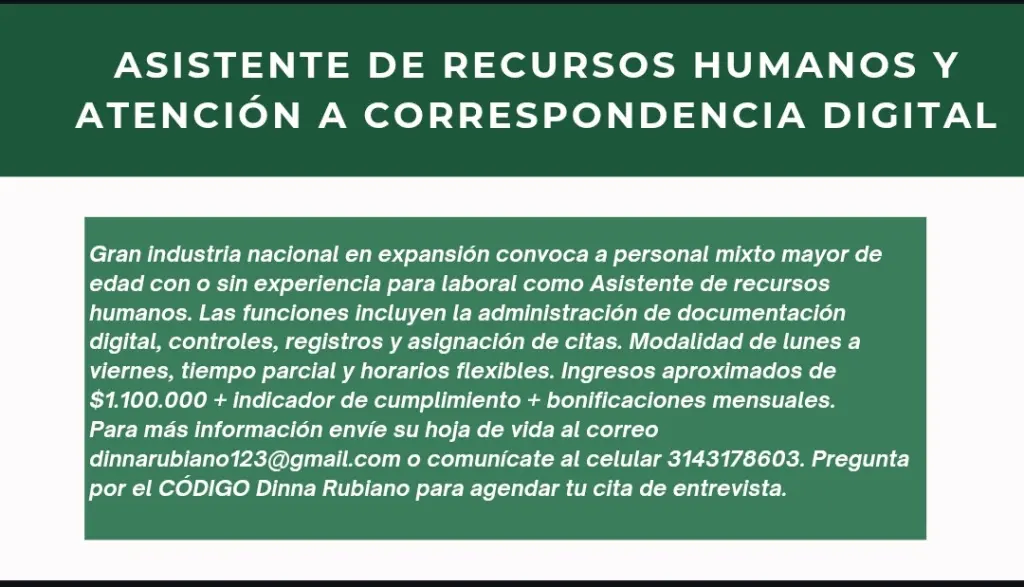 ASISTENTE DE RECURSOS HUMANOS Y ATENCIÓN A CORRESPONDENCIA DIGITAL