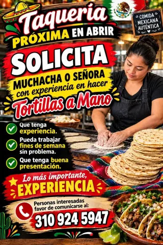 SE SOLICITA COCINEROS,  CAJERAS BILINGÜES Y TORTILLERAS
