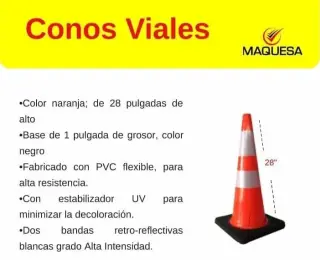 CONOS VÍALES 28 Pulg. color naranja, dos franjas reflectivas .