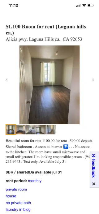 Habitación en Renta en Laguna Hills - $1,100/mes
