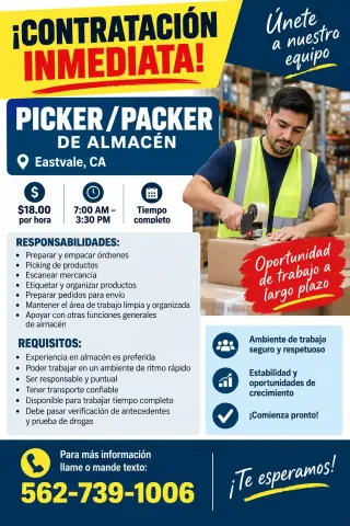 Trabajador de Almacén – Picking & Packing | $18/Hora