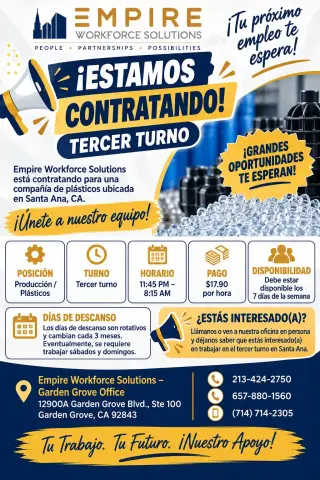 📢 ¡ESTAMOS CONTRATANDO! – TERCER TURNO EN SANTA ANA