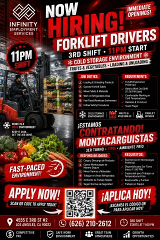FORKLIFT DRIVERS NEEDED | SE NECESITAN MONTACARGUISTAS