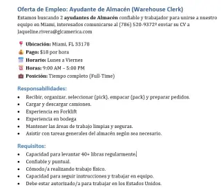 Oportunidad de Empleo: Ayudante de Almacén en Miami