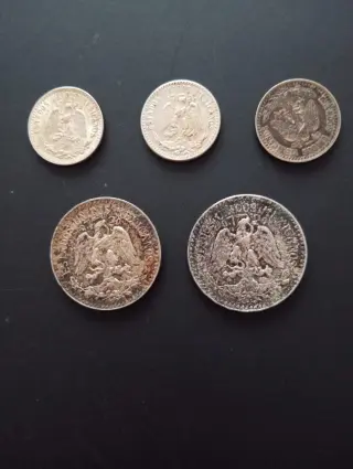 Lote de 5 monedas antiguas de México plata ley .720