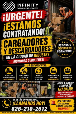 ¡SE NECESITAN CARGADORES Y DESCARGADORES – CITY OF INDUSTRY!
