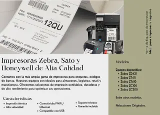 Venta, Reparacion y servicio de mantenimiento a Zebra, Honeywell, Sato.