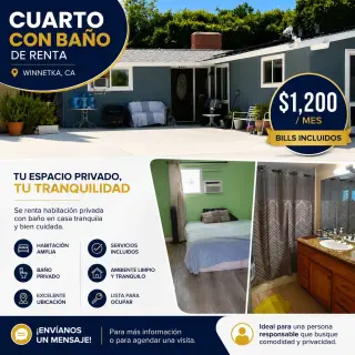 🏡 Cuarto con Baño Privado en Renta – Winnetka, CA