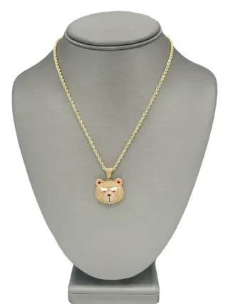 New 14bK CZ Bear Pendant & Semi Solid Rope Chain Made Of Real 14k Yellow Gold