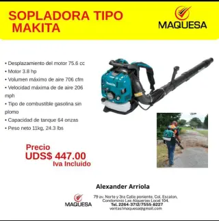 Sopladora JF Motor a gasolina, tipo Makita 3.78 hp. Muy útil para la industria