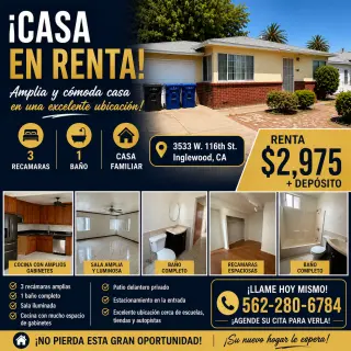 casa 3 rec, 1 bano inglewood renta