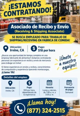 ESTAMOS CONTRATANDO PARA FABRICA DE COMIDA EN IRVINE!