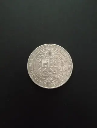 Moneda de 5 Pesetas Inca de Plata Perú 1880
