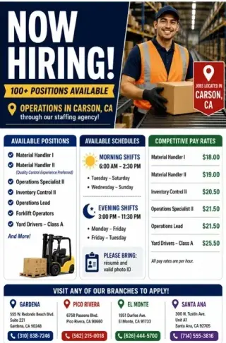 ¡100+ EMPLEOS EN CARSON!