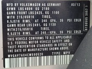 Volkswagen Tiguan 2012 S 4x4 SUV 6A