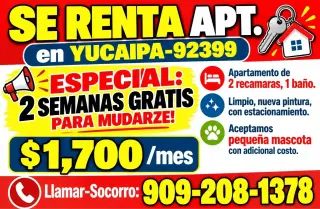 APT de 2rec📍YUCAIPA-92399 📣 2 SEMANAS GRATIS PARA MUDARSE ❗