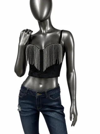 Top corto con flecos de pedrería (rhinestones) — ¡Oferta de moda!