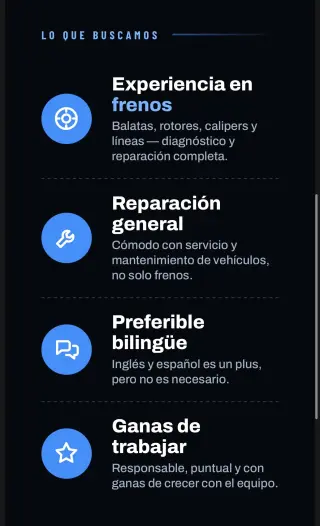 Solicita Mecánico Especialista en Frenos