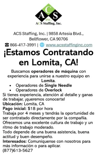 ¡Estamos Contratando en Lomita, CA. Costureros(as) Buena Compania!