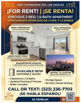 SE RENTA! Apartamento 2 Recámaras y 1.5 Banos en LA – $2,700/mes
