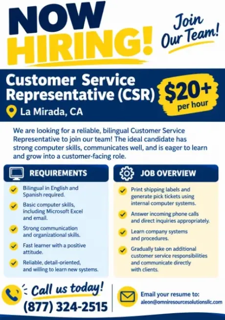 NOW HIRING a Bilingual Customer Service Rep for warehouse in La Mirada!