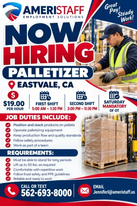 📢 NOW HIRING – PALLETIZER
