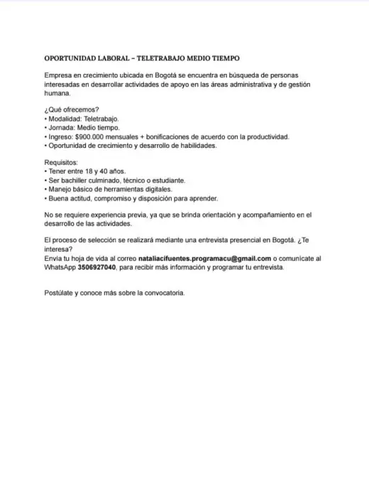 GRAN OFERTA LABORAL TELETRABAJO