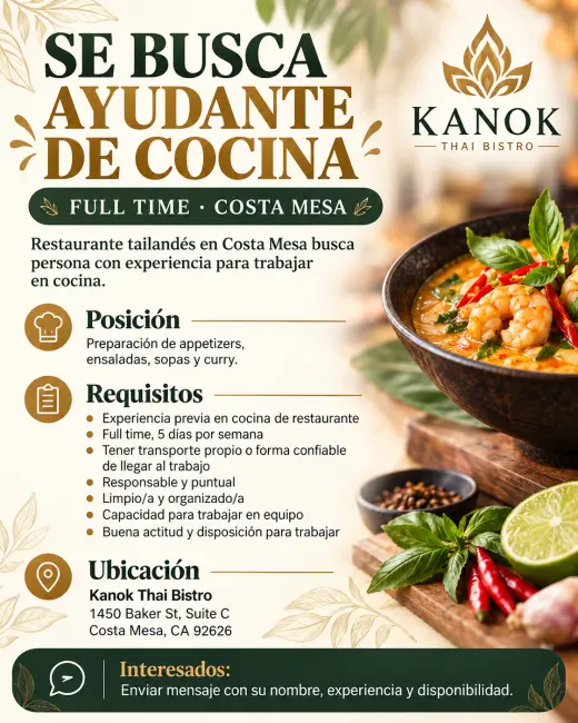 Restaurante Tailandés Busca Cocinero – Full Time – Costa Mesa