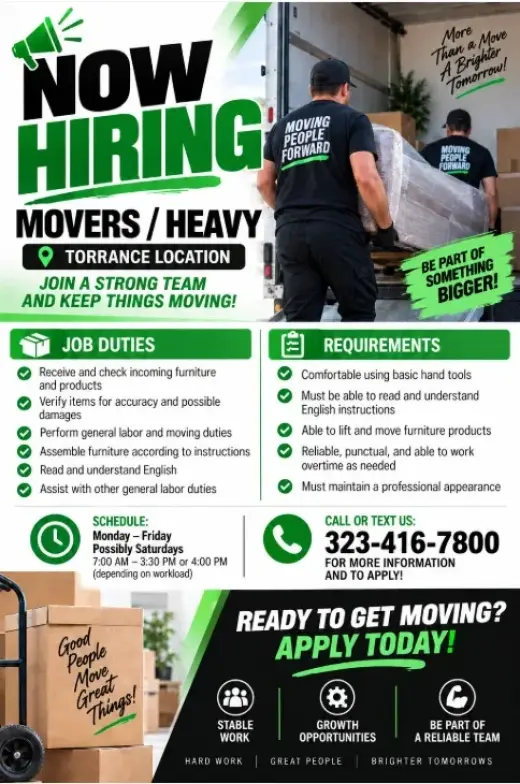 Now Hiring: Movers for Heavy Lifting in Torrance