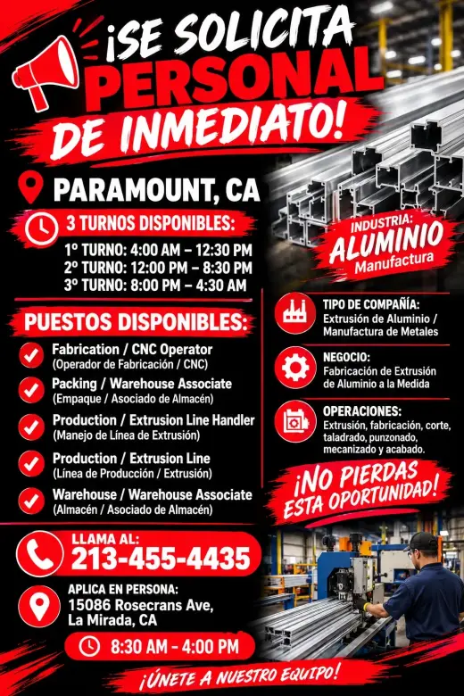 ¡Se Solicita Personal de Inmediato en Manufactura de Aluminio!