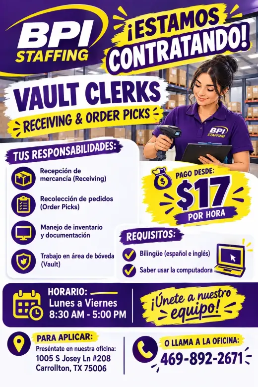 📢 🚨 BPI STAFFING ESTÁ CONTRATANDO – VAULT CLERKS 🚨 📢