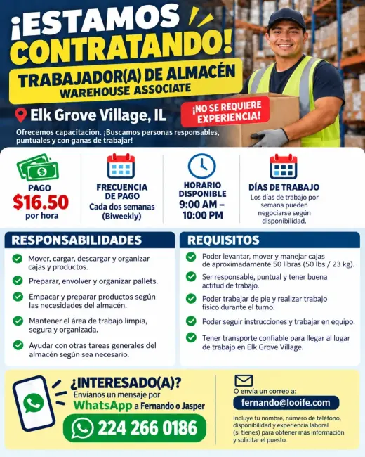 Trabajo en Almacén en Elk Grove Village, IL | $16.50/hora