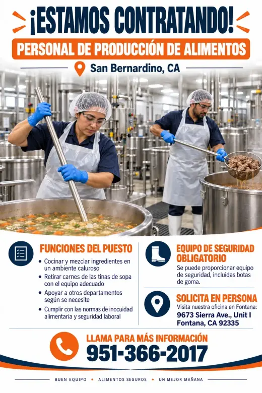 ¡ESTAMOS CONTRATANDO! Personal de Producción de Alimentos