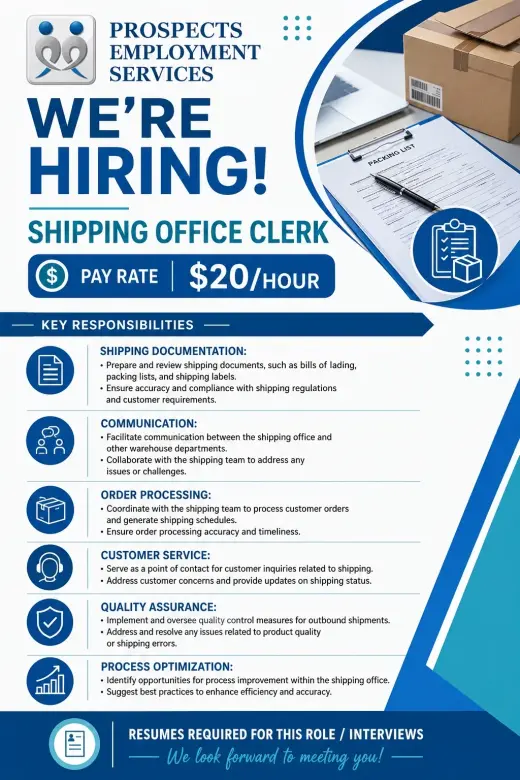 HIRING SHIPPING OFFICE CLERK!!!