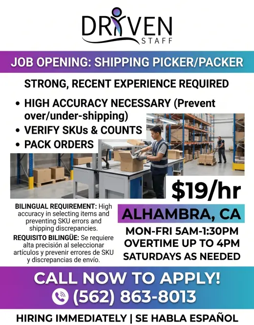 🚨 Order Picker / Packer for Shipping Dept – $19/hr (Alhambra)🚨