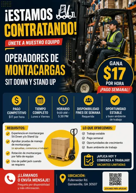 Se Busca Operadores de Montacargas en Gainesville, GA