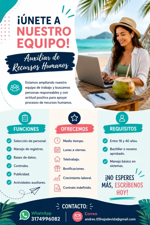 ¡Únete a Nuestro Equipo! Auxiliar de Recursos Humanos
