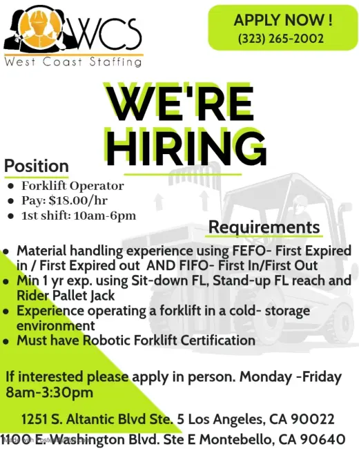 WE'RE HIRING FORKLIFT DRIVER