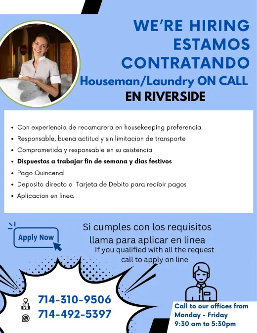 Contratando Housekeeper\ Houseman/Lavandería a Llamada en Riverside