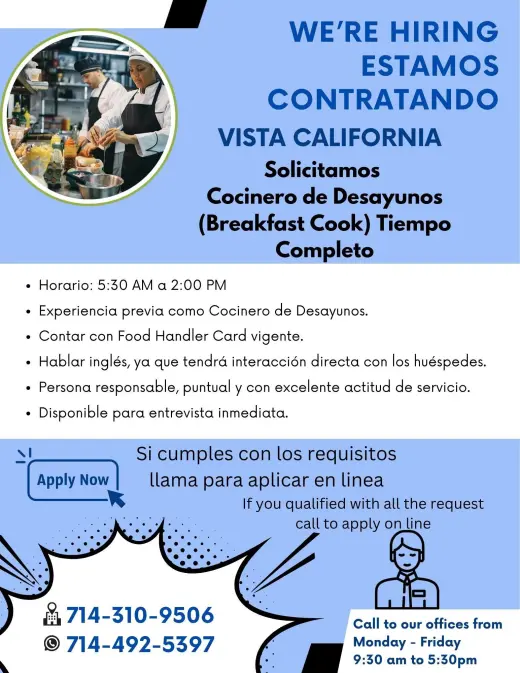 Se Solicita Cocinero de Desayunos - Tiempo Completo
