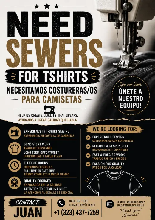 NECESITAMOS COSTURERAS/OS PARA CAMISETAS
