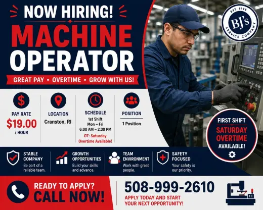 Machine Operator – $19/hr – Cranston, RI