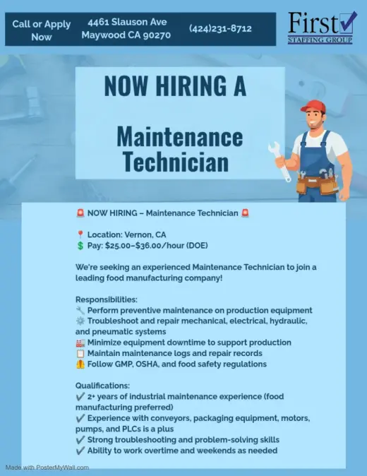 Maintenance Technician – Food Manufacturing